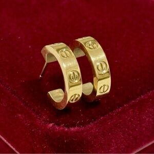 18K Gold Plated Small Screw Motif C-Hoops Modern Minimalist Stud Earrings